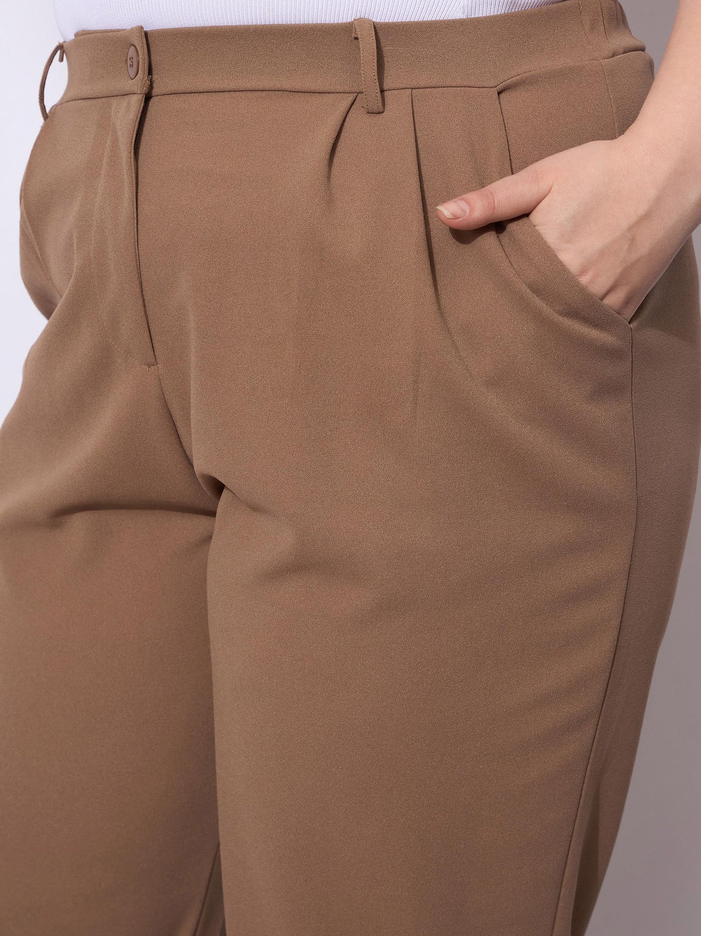 Beige Front Pleated Mom Fit Pants