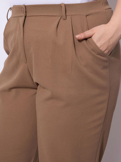 Beige Front Pleated Mom Fit Pants