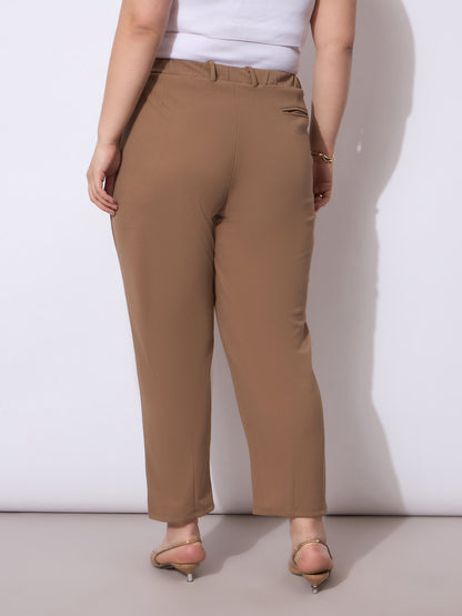 Beige Front Pleated Mom Fit Pants