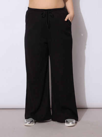 Black Rib Drawstring Straight Pants