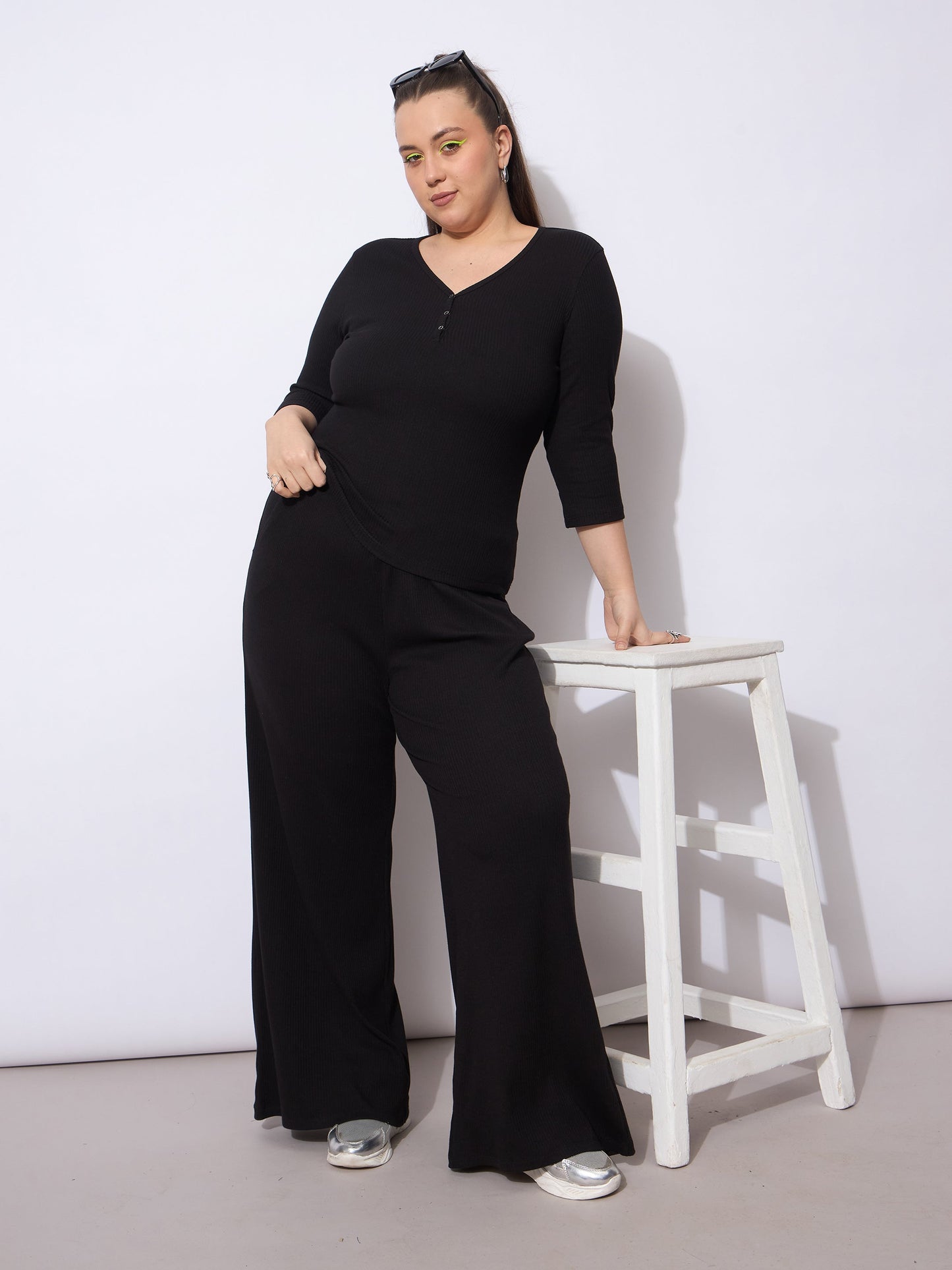 Black Rib Drawstring Straight Pants