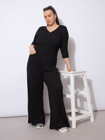 Black Rib Drawstring Straight Pants