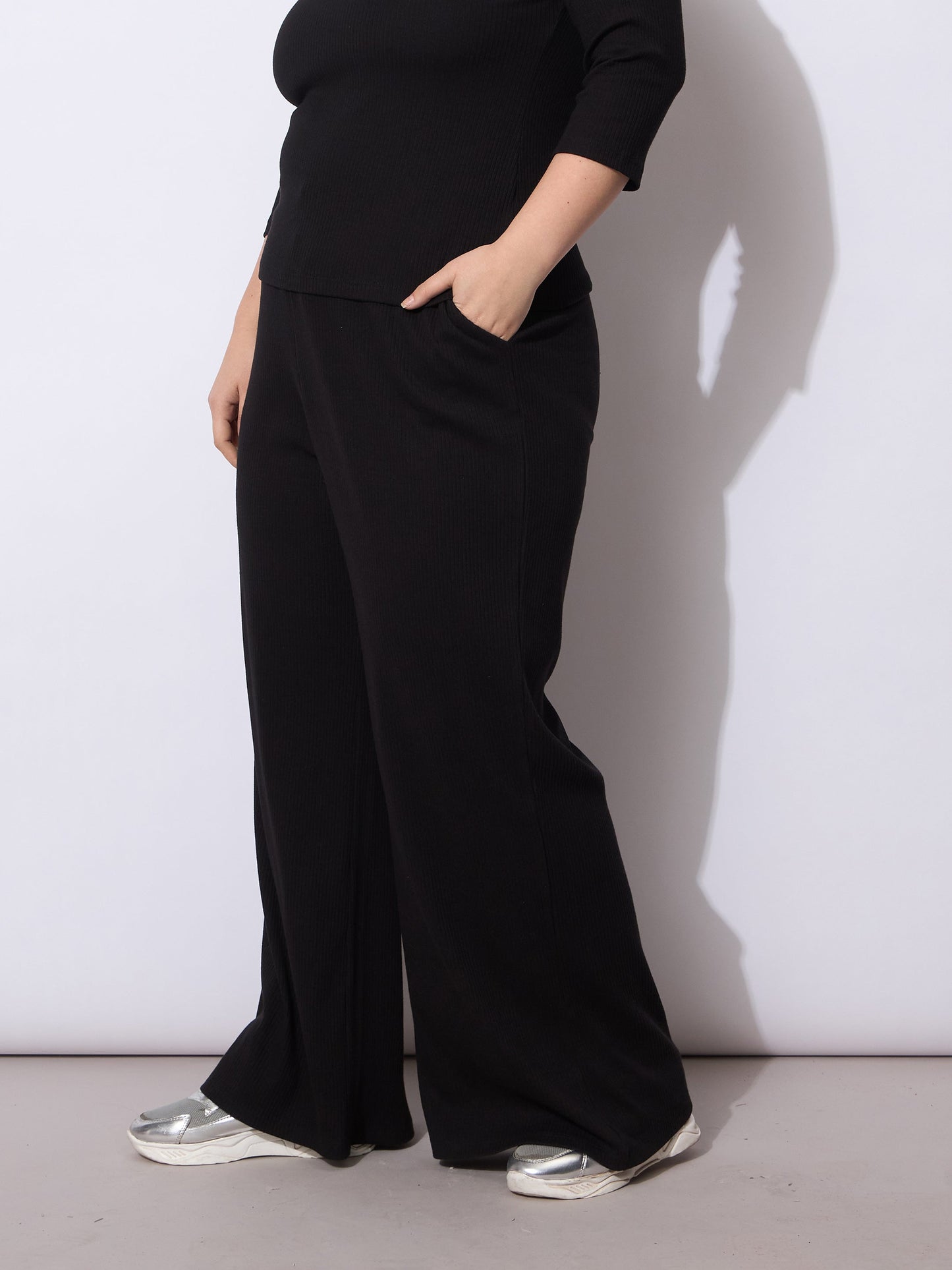Black Rib Drawstring Straight Pants
