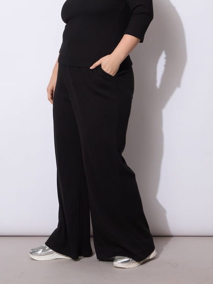 Black Rib Drawstring Straight Pants