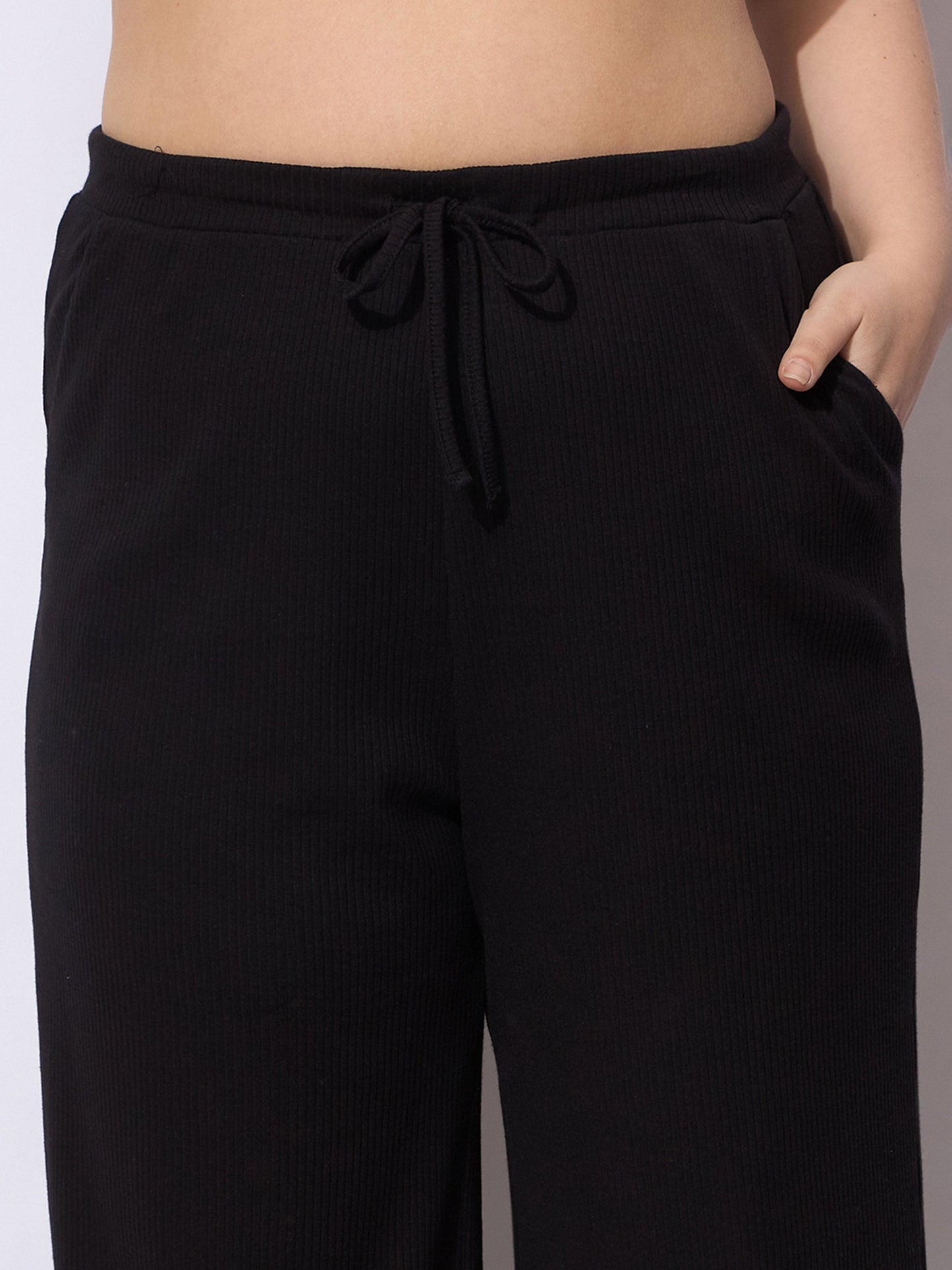 Black Rib Drawstring Straight Pants