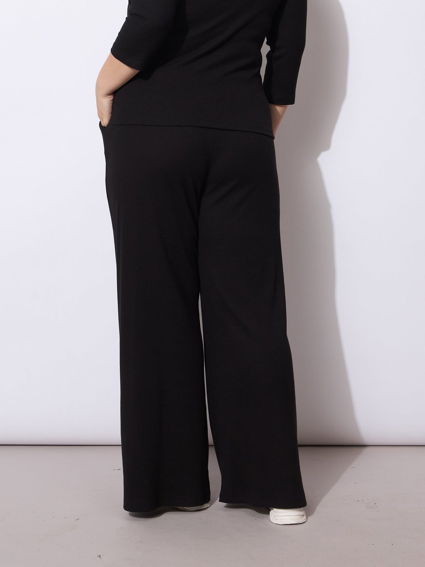 Black Rib Drawstring Straight Pants
