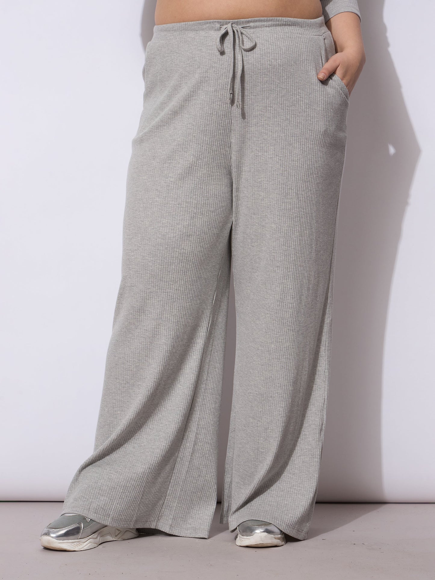 Grey Rib Drawstring Straight Pants