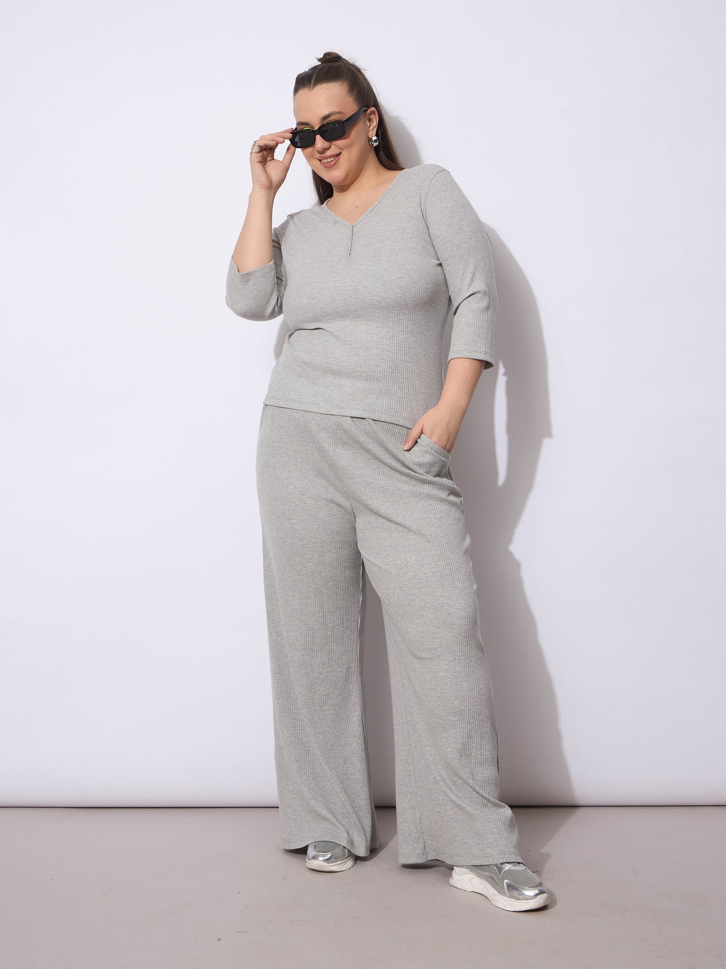 Grey Rib Drawstring Straight Pants