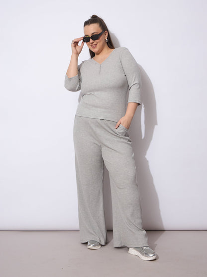 Grey Rib Drawstring Straight Pants