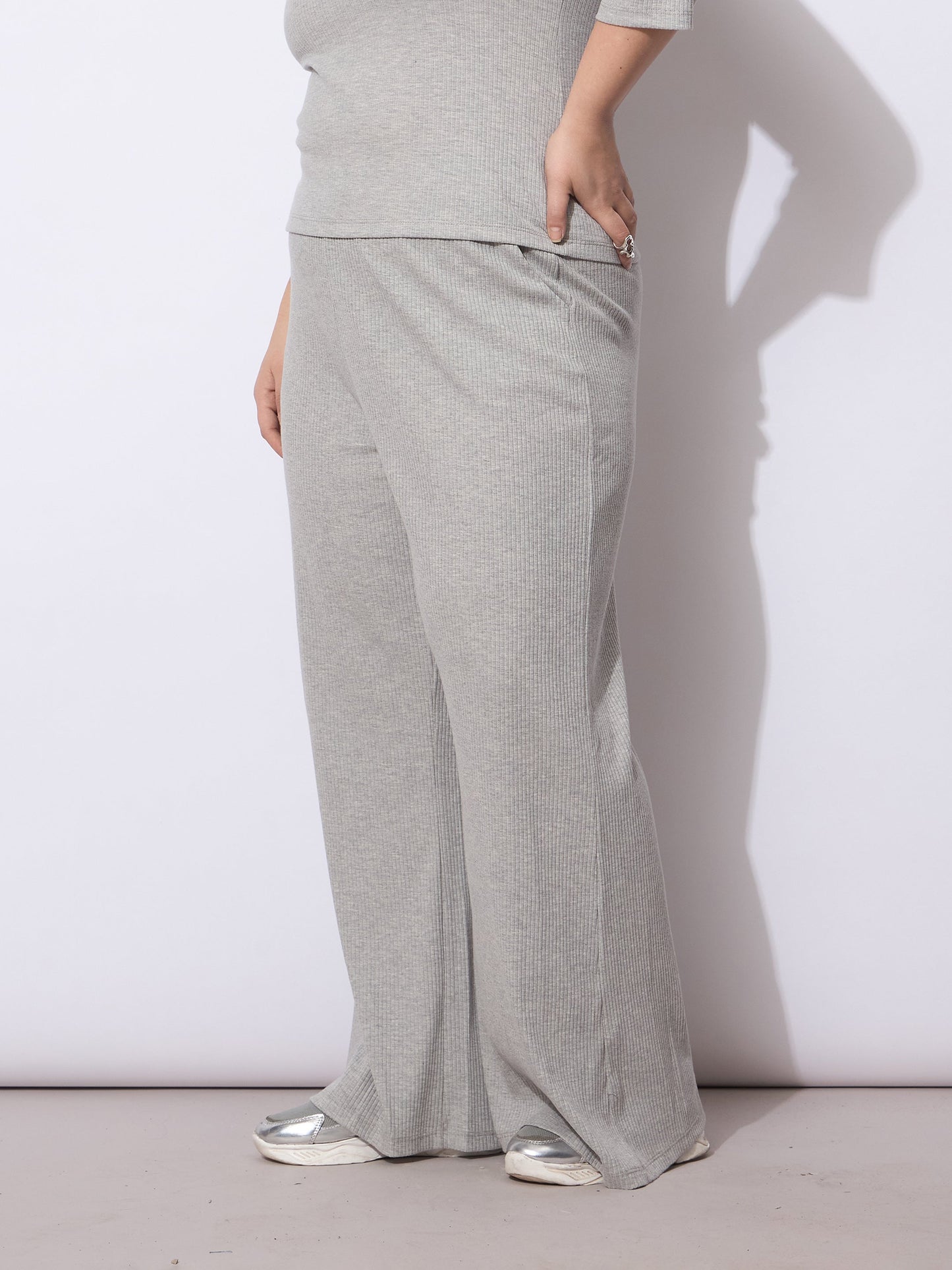 Grey Rib Drawstring Straight Pants