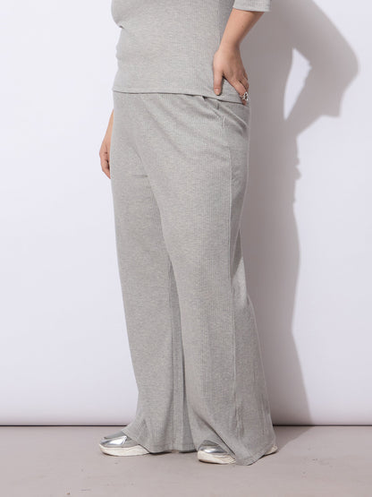 Grey Rib Drawstring Straight Pants