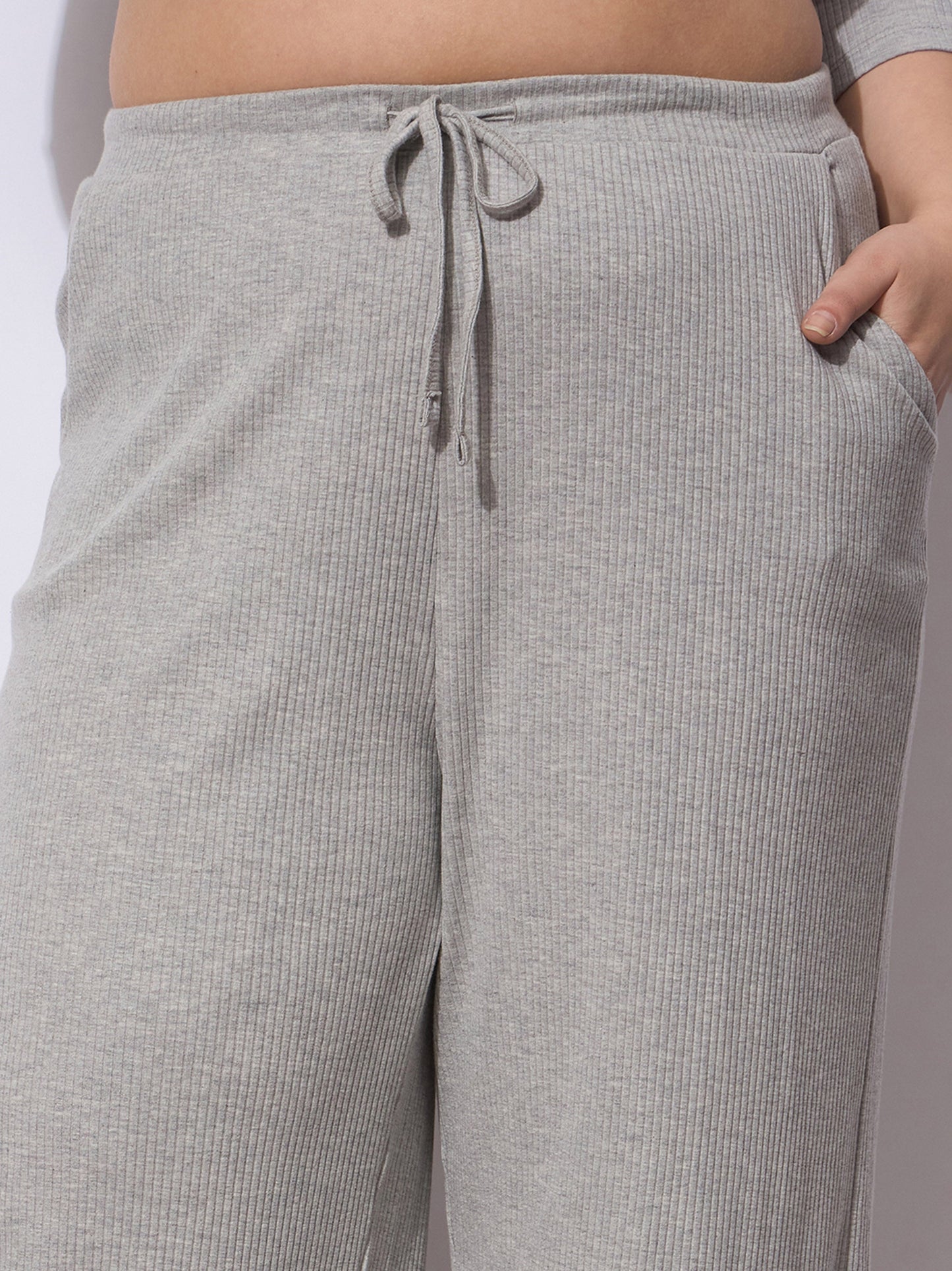 Grey Rib Drawstring Straight Pants