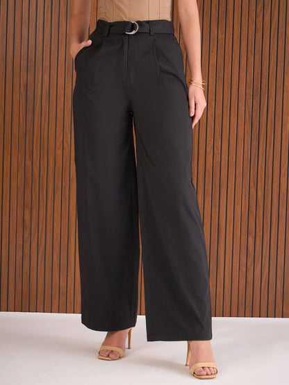 Women Black Front Pleated Straight Fit Pants