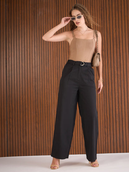 Women Black Front Pleated Straight Fit Pants
