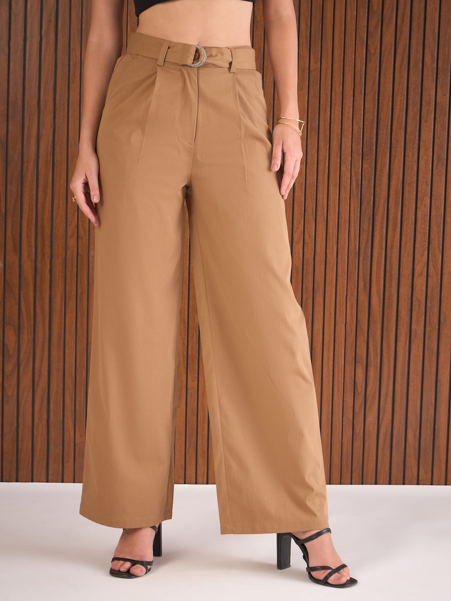 Brown Front Pleated Straight Fit Pants