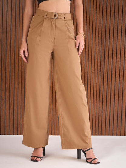 Brown Front Pleated Straight Fit Pants