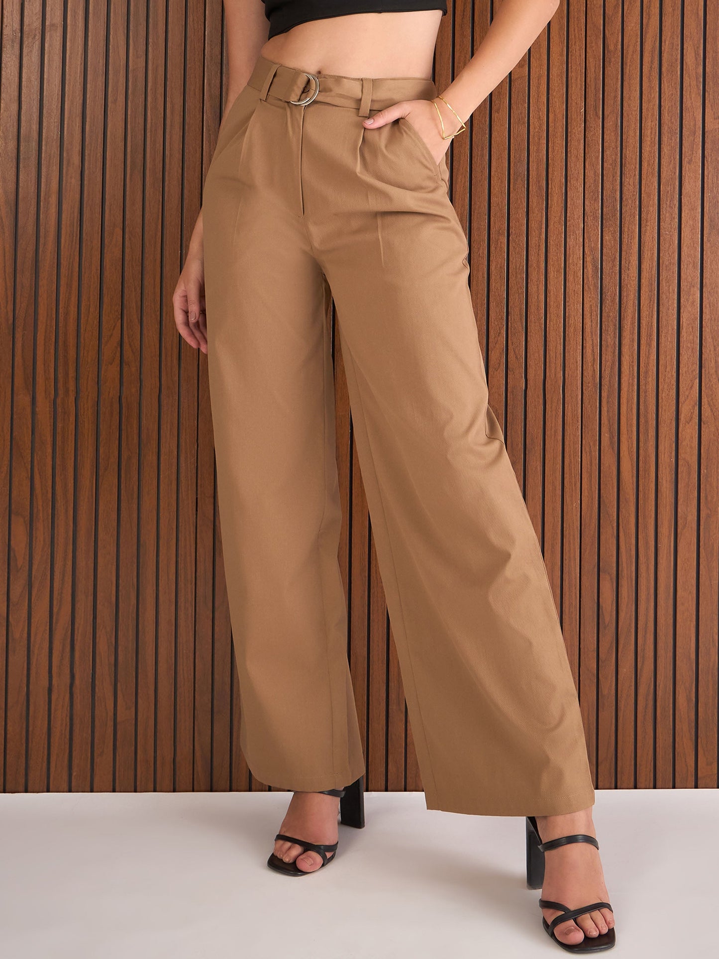Brown Front Pleated Straight Fit Pants