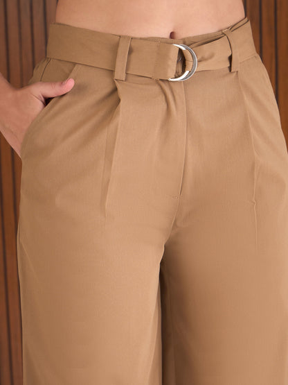 Brown Front Pleated Straight Fit Pants