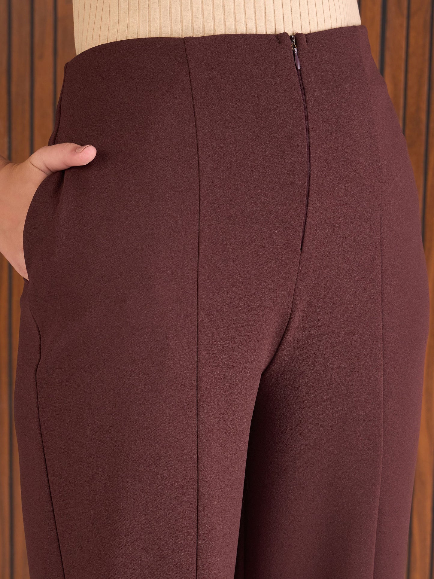 Women Burgundy Front Darted High Waisted Pants