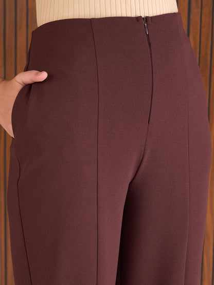 Women Burgundy Front Darted High Waisted Pants