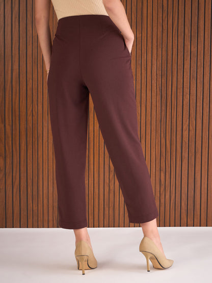 Women Burgundy Front Darted High Waisted Pants