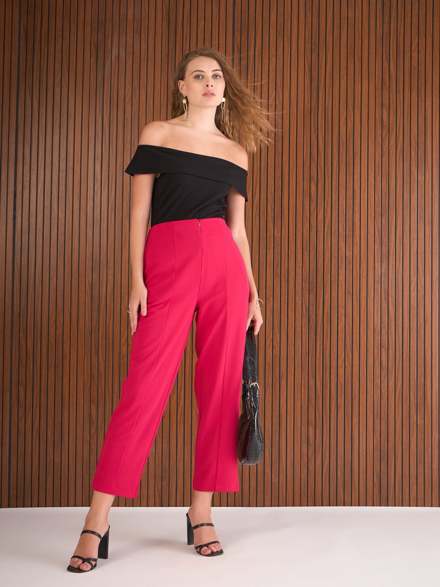 Women Fuchsia Front Darted High Waisted Pants