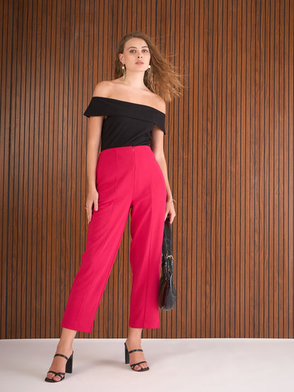 Women Fuchsia Front Darted High Waisted Pants
