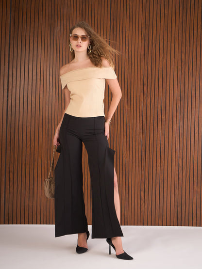 Women Black Side Slit Straight Fit Pants