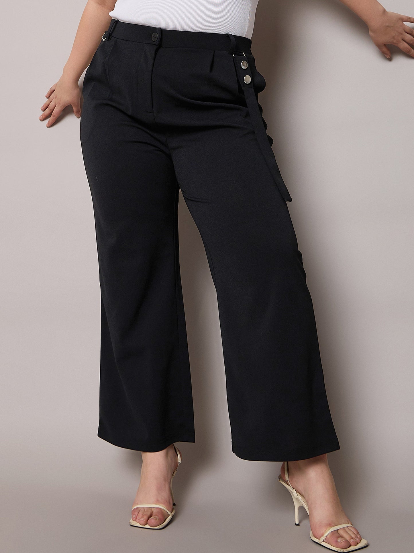 Plus size women's Black Polyester Black Front Pleat Straight Pants by Sassafras Curve for wholesale buyers, boutiques, resellers and bulk orders from