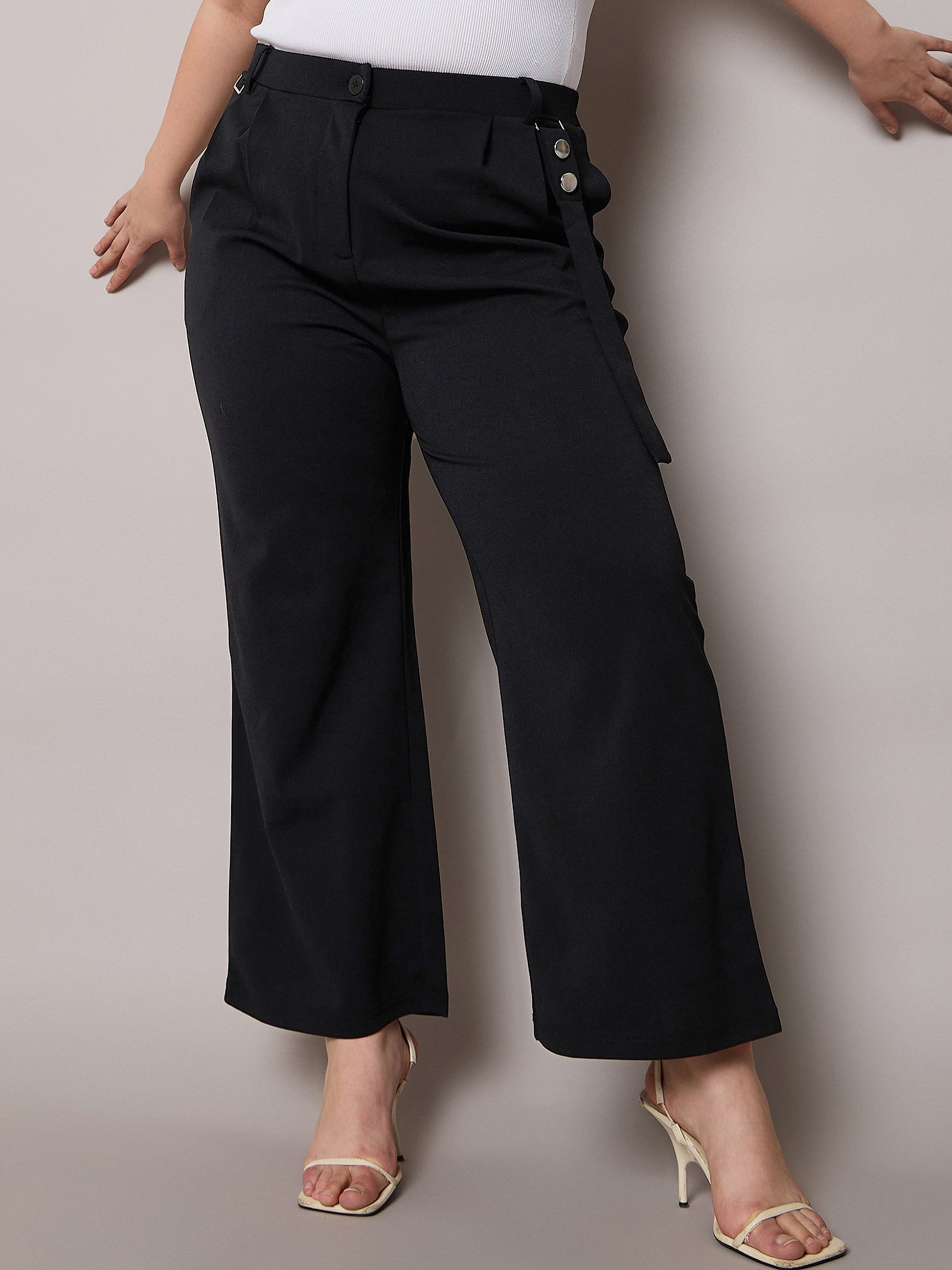 Plus size women's Black Polyester Black Front Pleat Straight Pants by Sassafras Curve for wholesale buyers, boutiques, resellers and bulk orders from