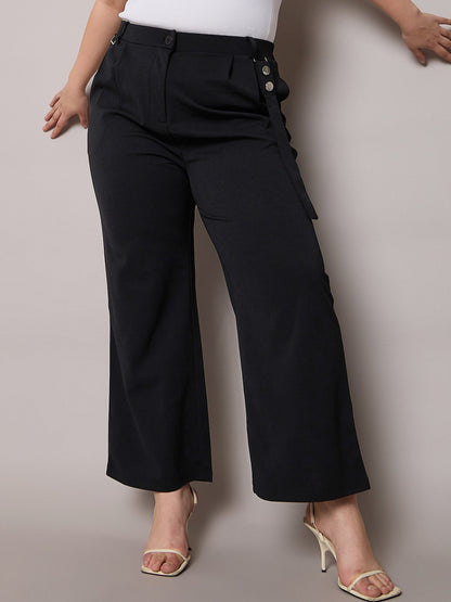 Plus size women's Black Polyester Black Front Pleat Straight Pants by Sassafras Curve for wholesale buyers, boutiques, resellers and bulk orders from