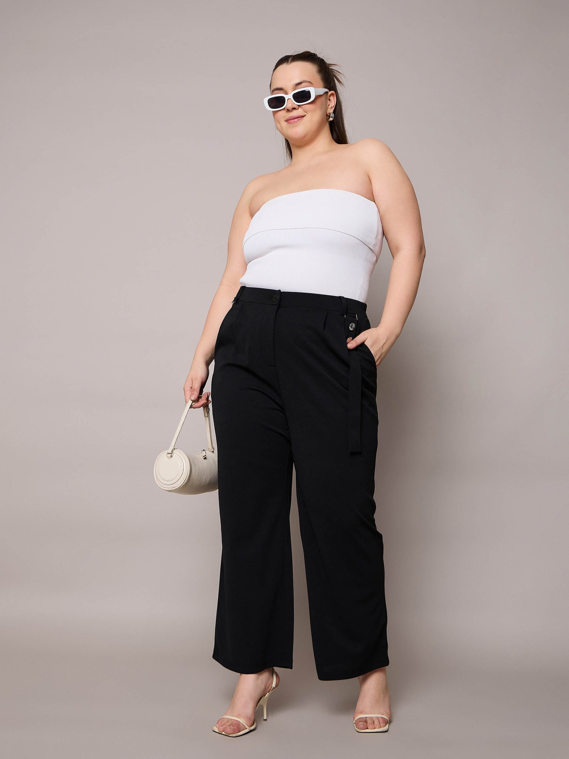 Black Front Pleat Straight Pants-SASSAFRAS Curve