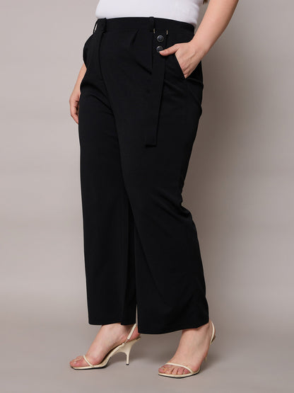 Black Front Pleat Straight Pants-SASSAFRAS Curve