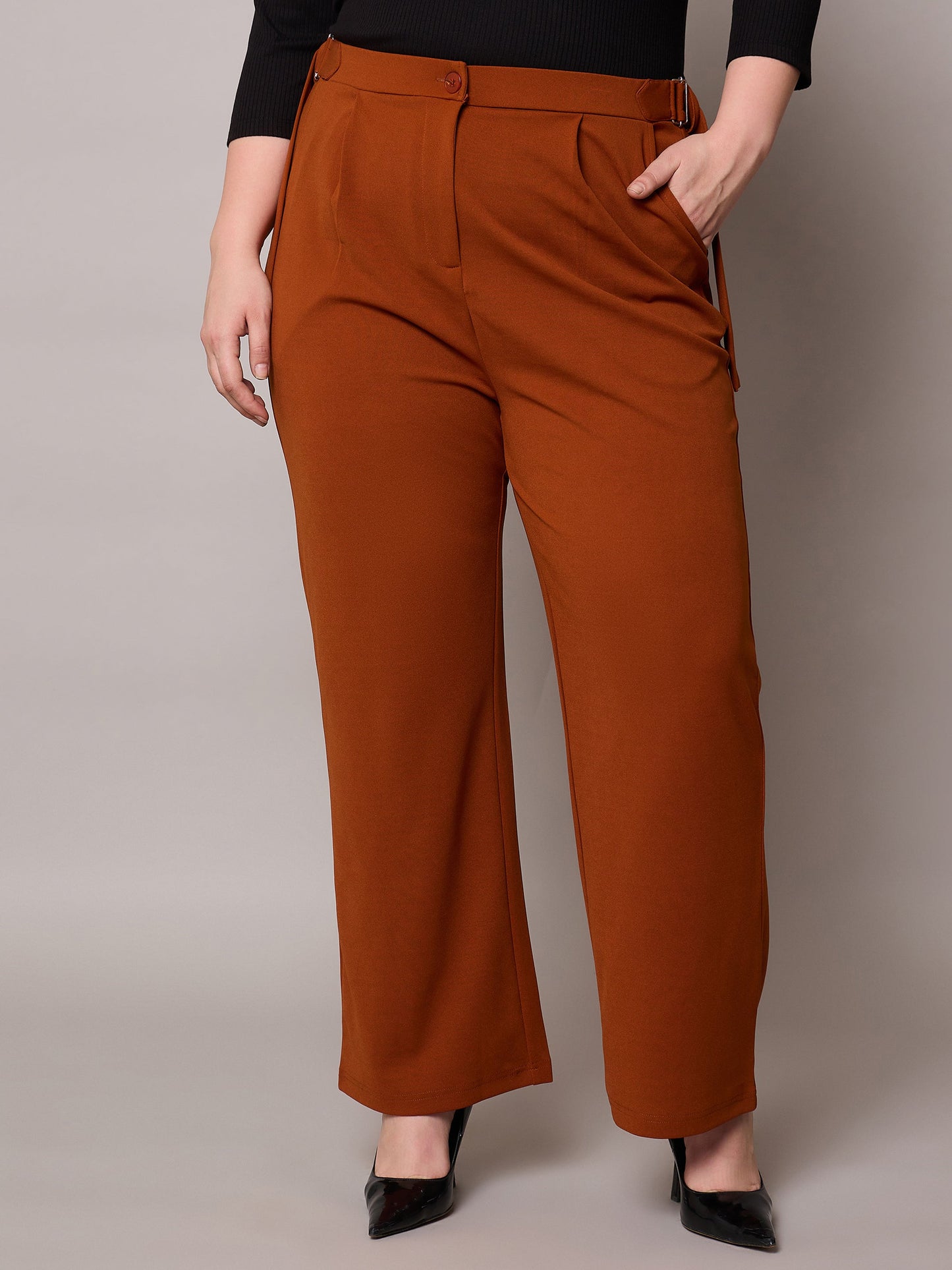 Rust Side Metal Buckle Straight Pants
