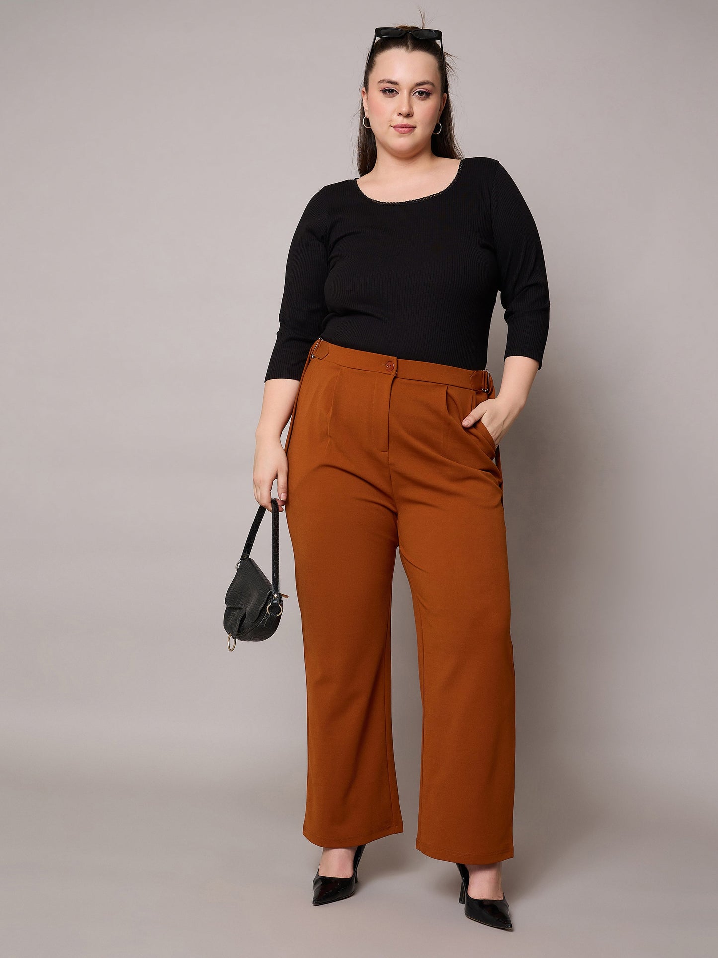 Rust Side Metal Buckle Straight Pants