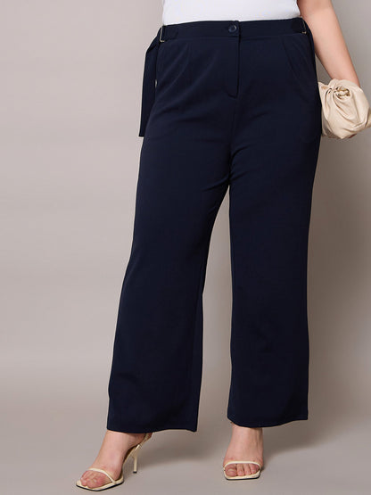 Navy Side Metal Buckle Straight Pants