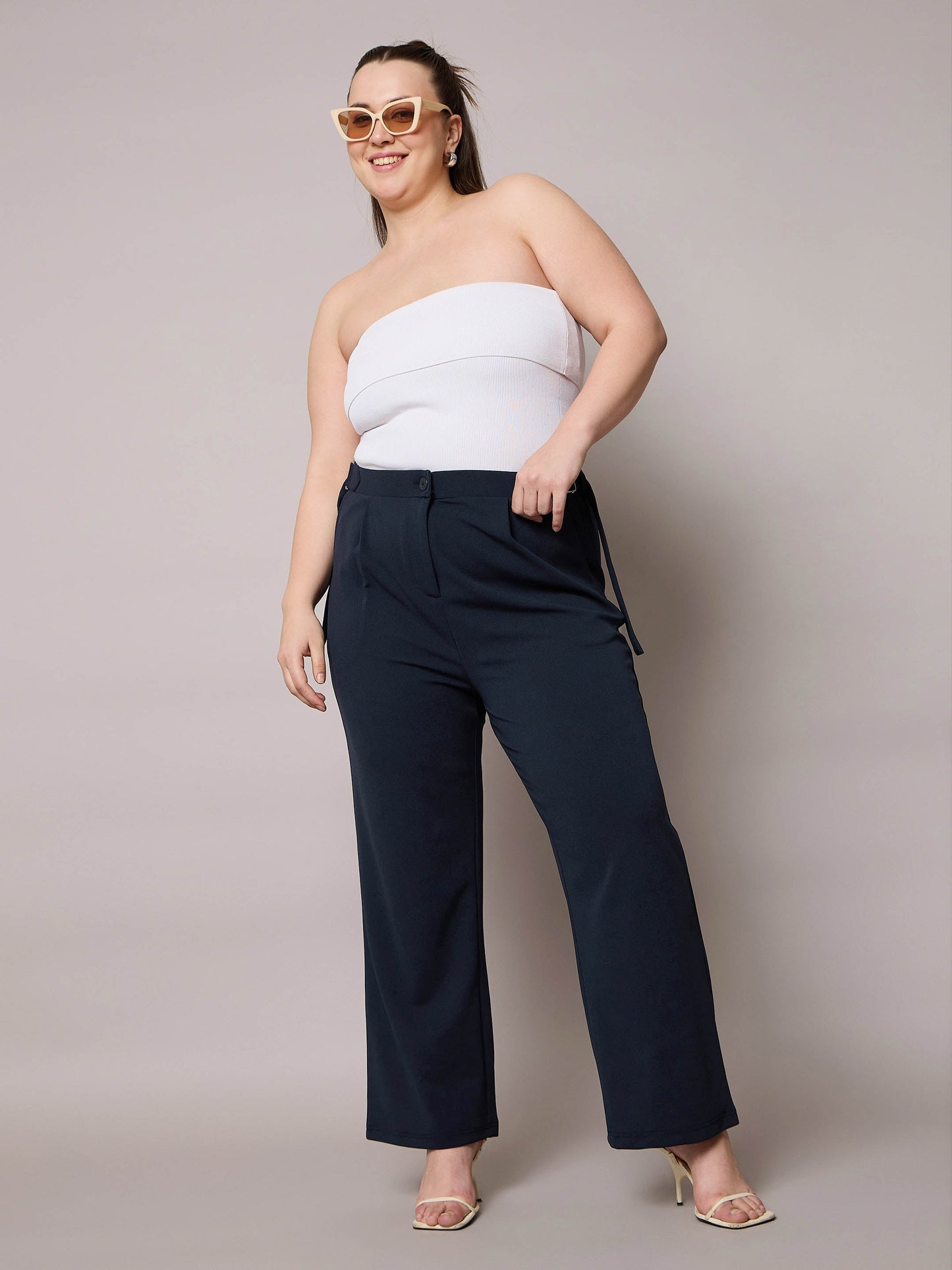 Navy Side Metal Buckle Straight Pants
