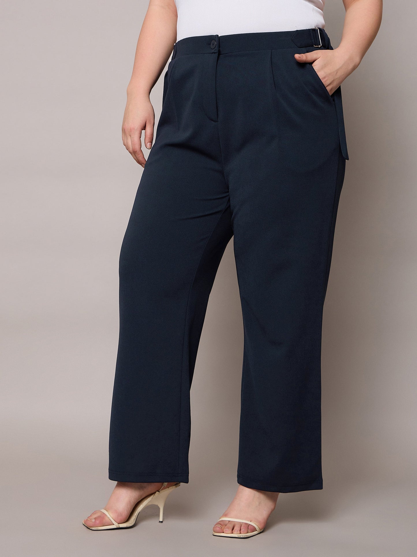 Navy Side Metal Buckle Straight Pants