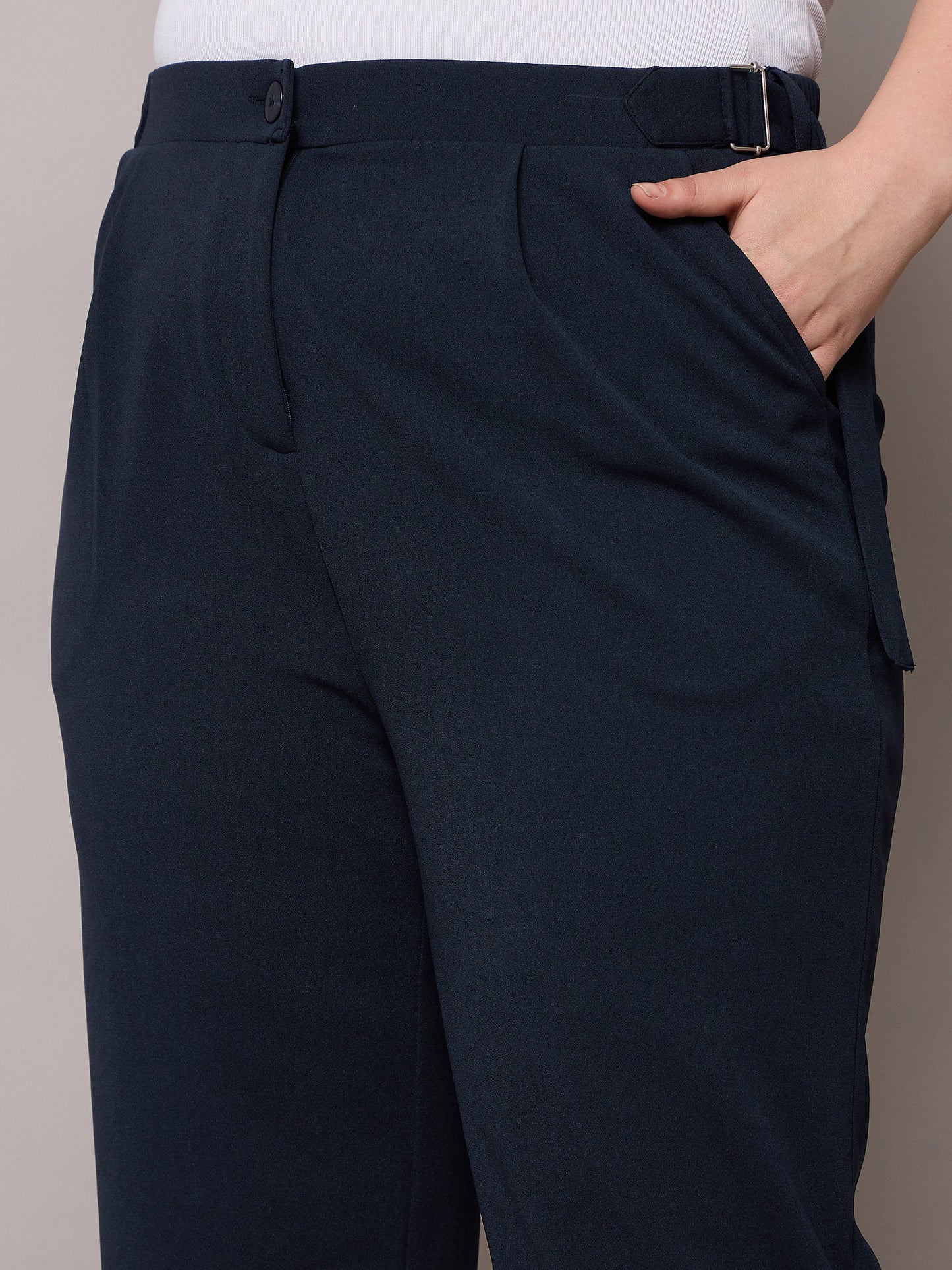 Navy Side Metal Buckle Straight Pants