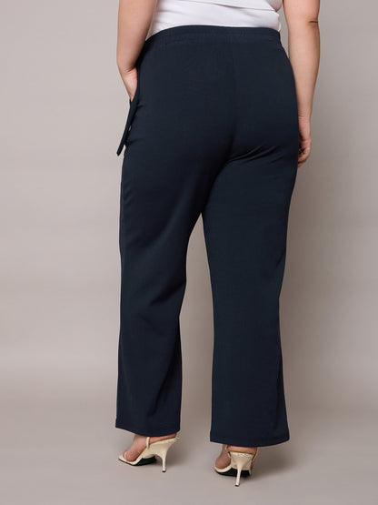 Navy Side Metal Buckle Straight Pants