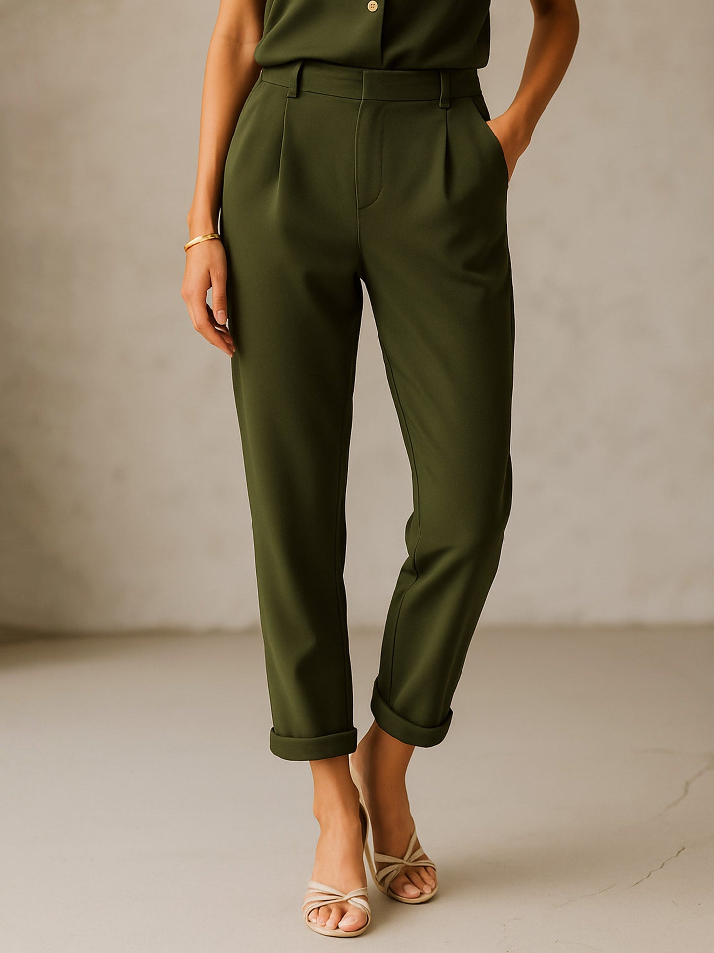 Olive Cross Pocket Bottom Fold Straight Pants