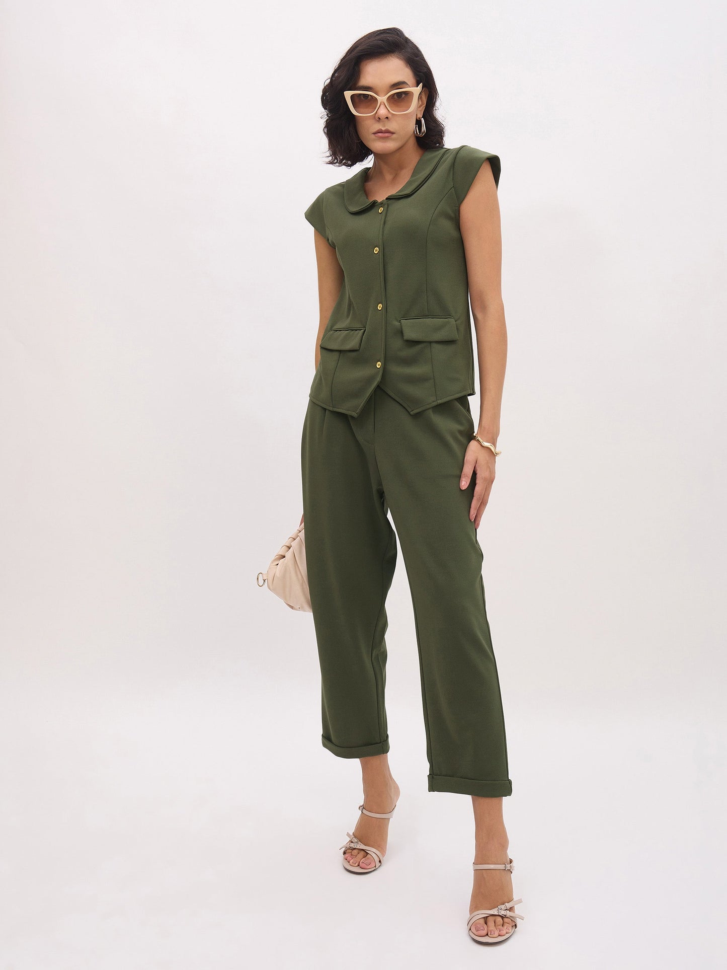 Olive Cross Pocket Bottom Fold Straight Pants
