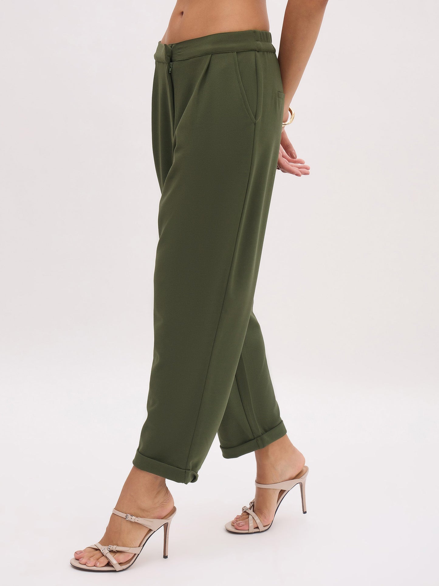 Olive Cross Pocket Bottom Fold Straight Pants