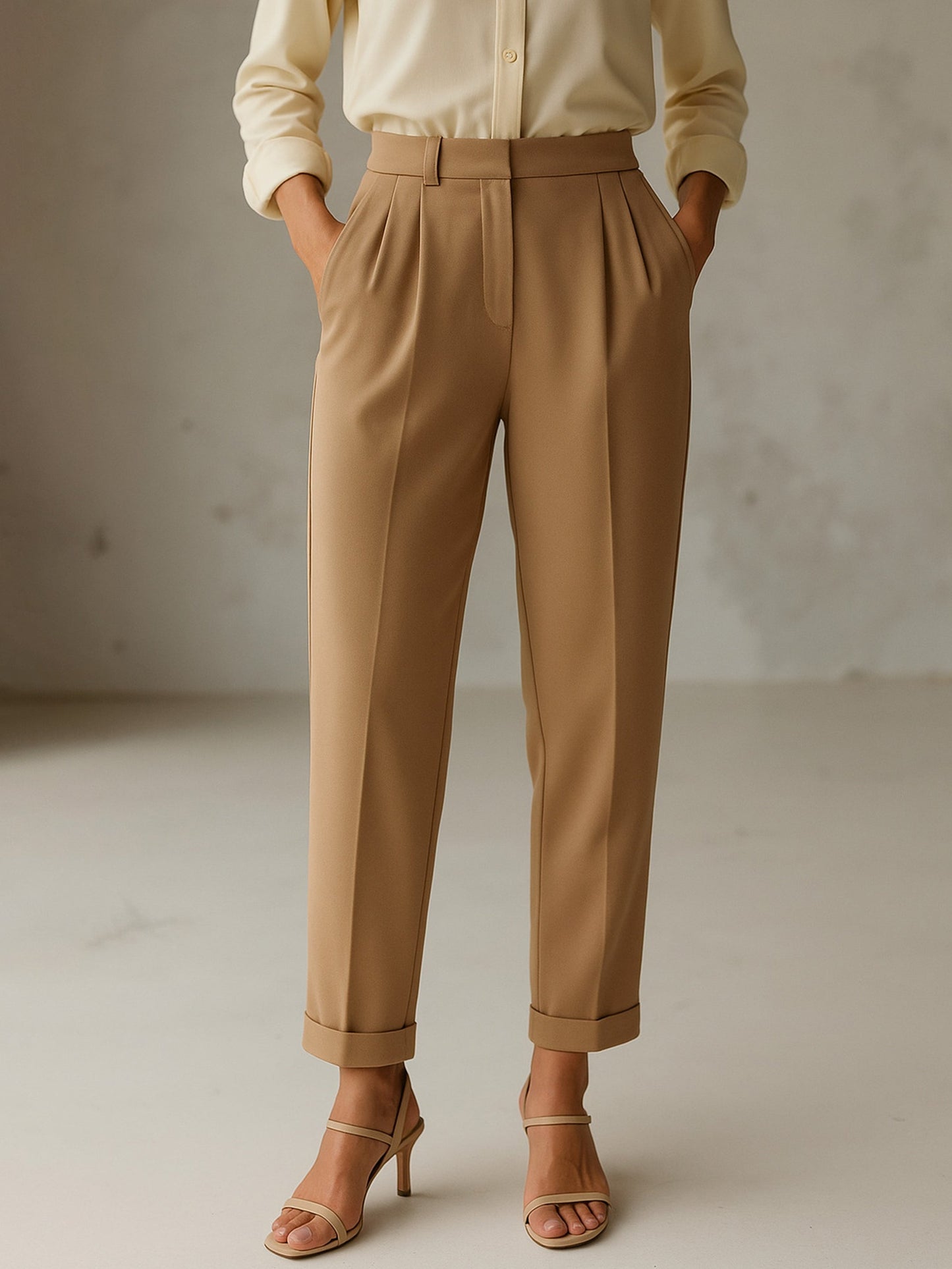 Women Beige Cross Pocket Bottom Fold Straight Pants
