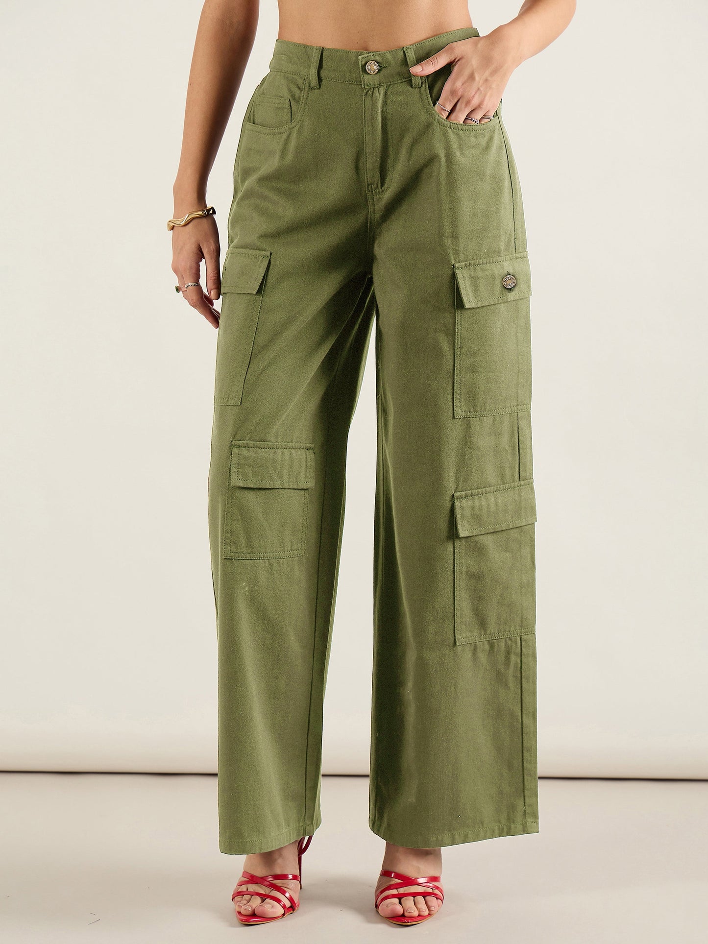 Olive Twill Multi Pocket Wide Leg Cargo Pants