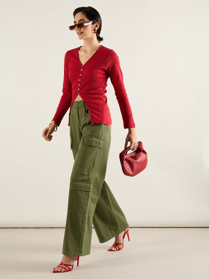 Olive Twill Multi Pocket Wide Leg Cargo Pants