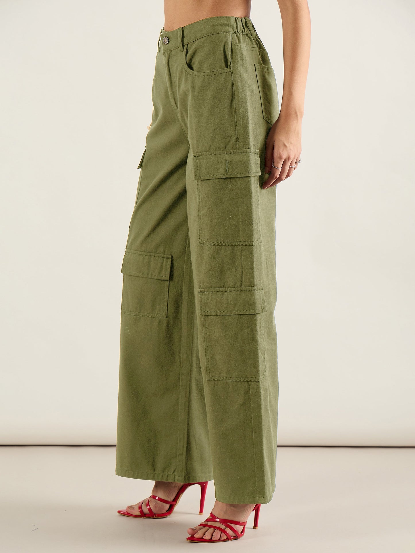 Olive Twill Multi Pocket Wide Leg Cargo Pants