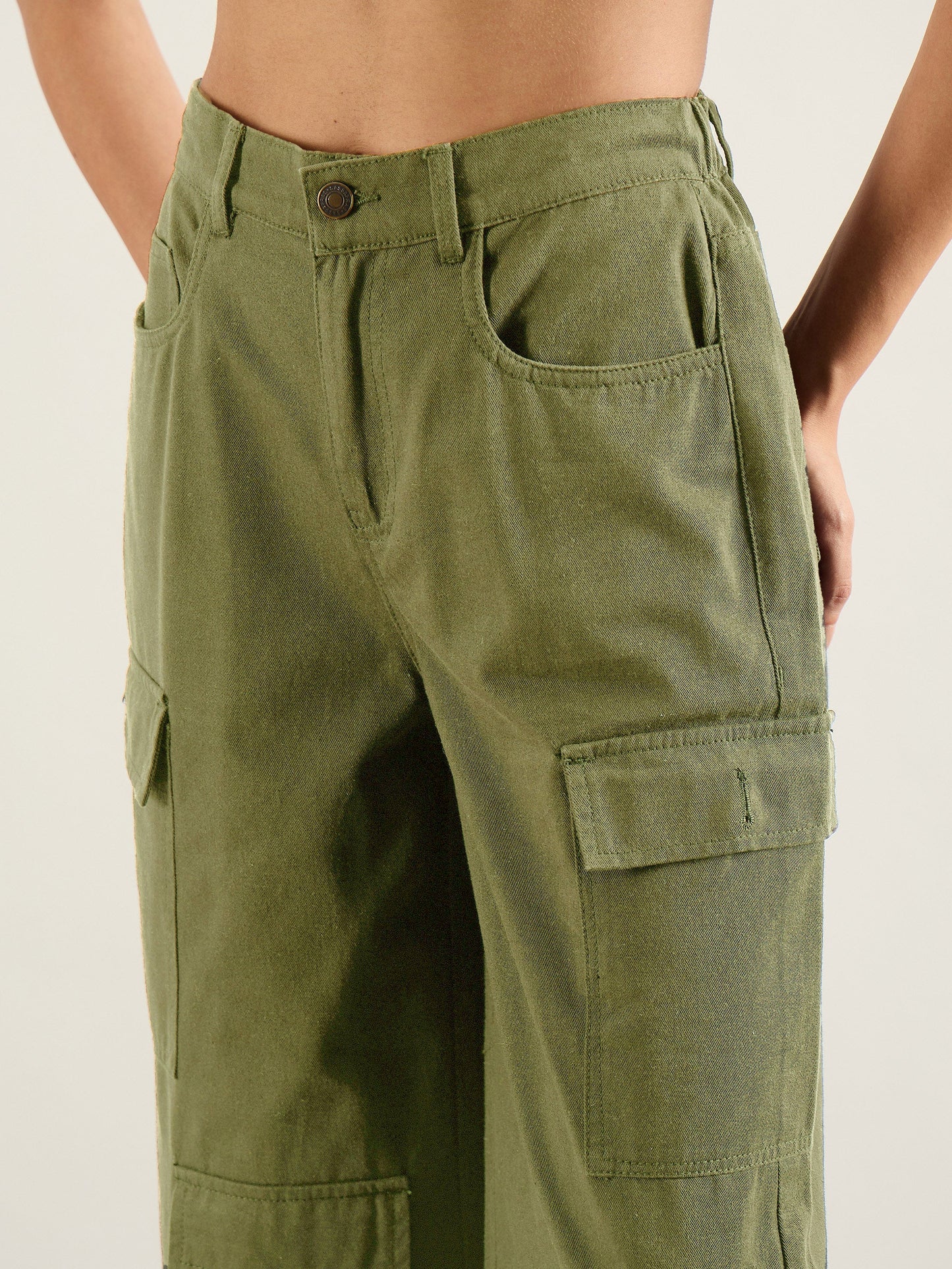 Olive Twill Multi Pocket Wide Leg Cargo Pants