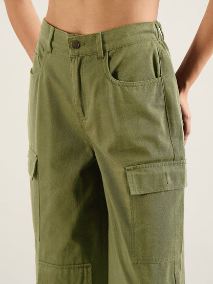 Olive Twill Multi Pocket Wide Leg Cargo Pants