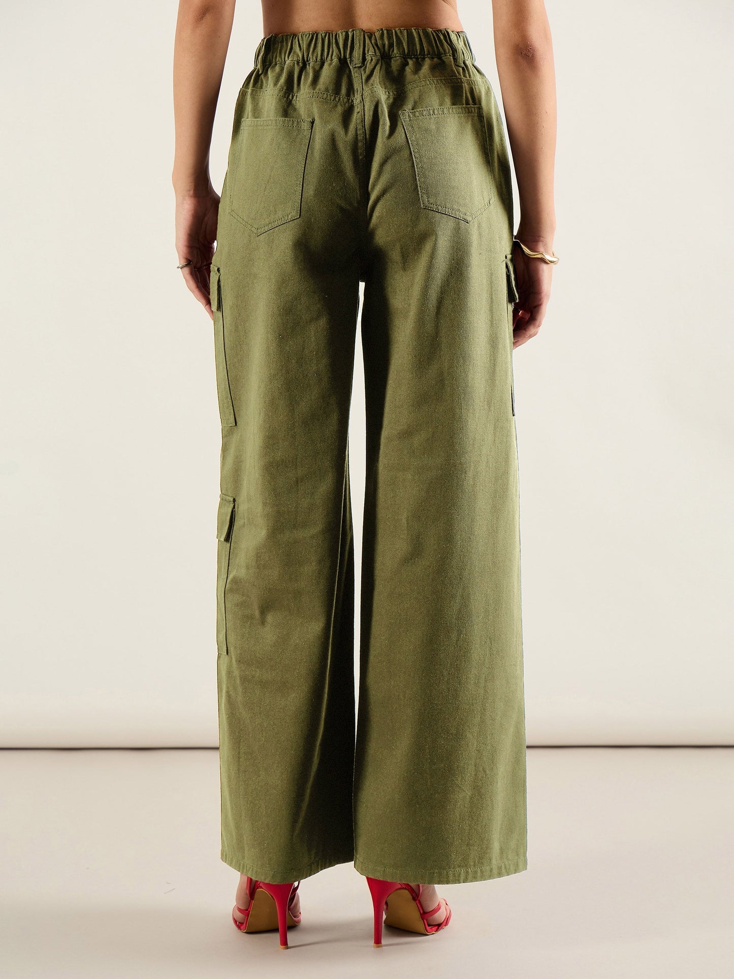 Olive Twill Multi Pocket Wide Leg Cargo Pants